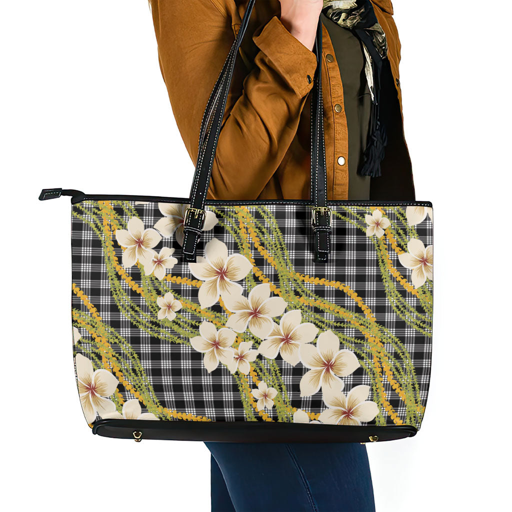 Ele'ele Hawai'i Palaka Plumeria Leather Tote Bag Puakenikeni and Maile Lei LT9 - Polynesian Pride