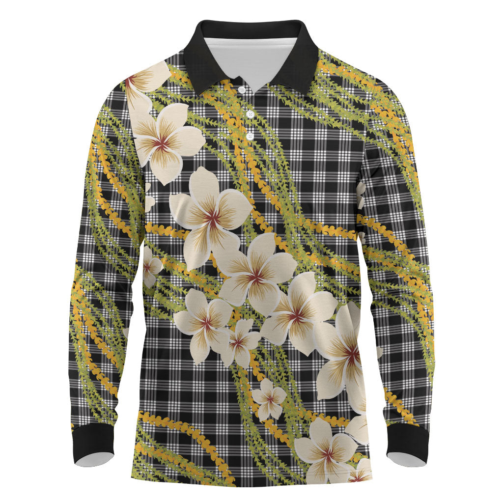 Ele'ele Hawai'i Palaka Plumeria Long Sleeve Polo Shirt Puakenikeni and Maile Lei LT9 Black - Polynesian Pride