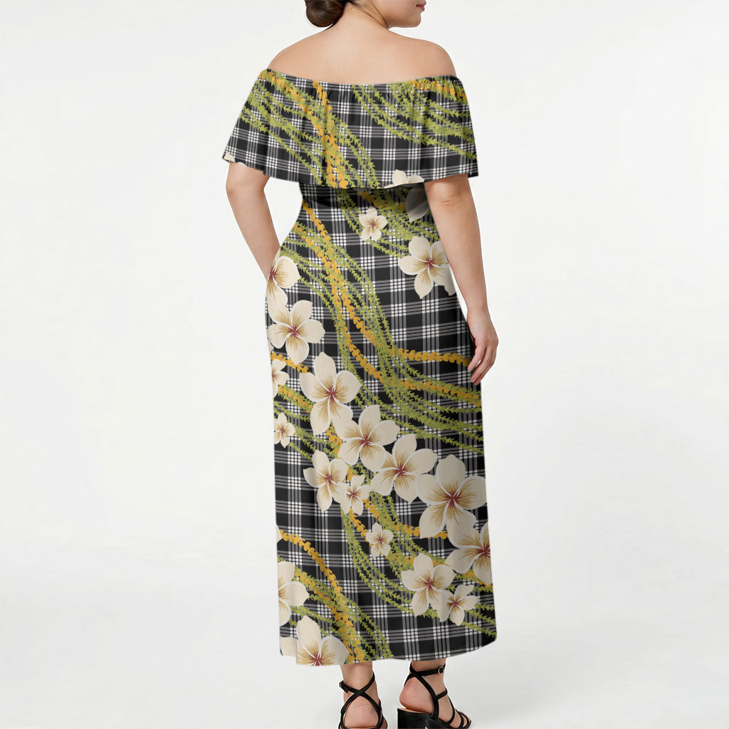 Ele'ele Hawai'i Palaka Plumeria Off Shoulder Maxi Dress Puakenikeni and Maile Lei LT9 - Polynesian Pride