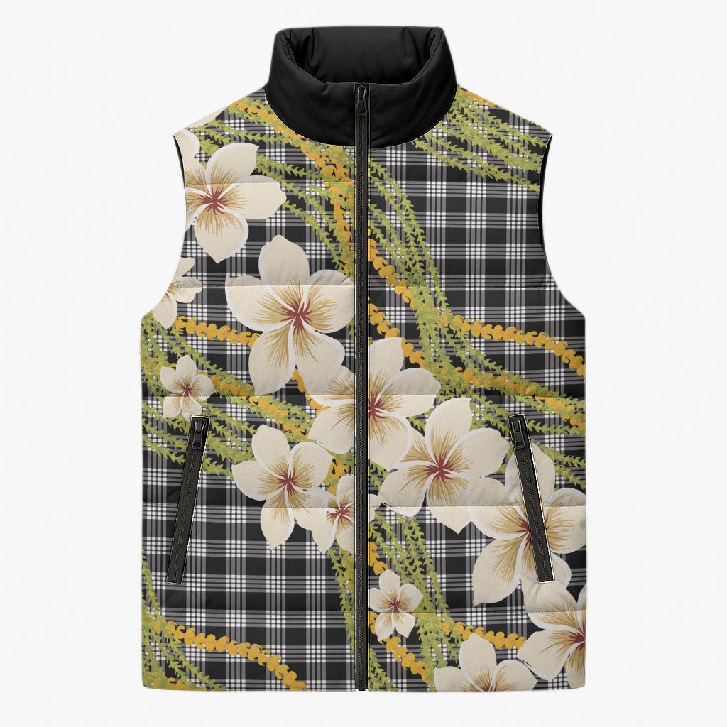 Ele'ele Hawai'i Palaka Plumeria Sleeveless Puffer Jacket Puakenikeni and Maile Lei