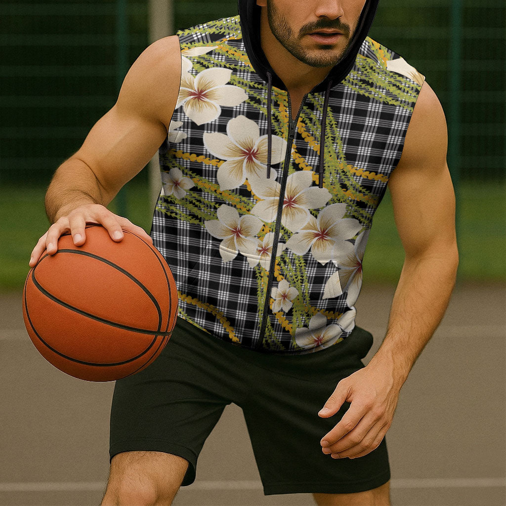 Ele'ele Hawai'i Palaka Plumeria Sleeveless Zip Hoodie Puakenikeni and Maile Lei