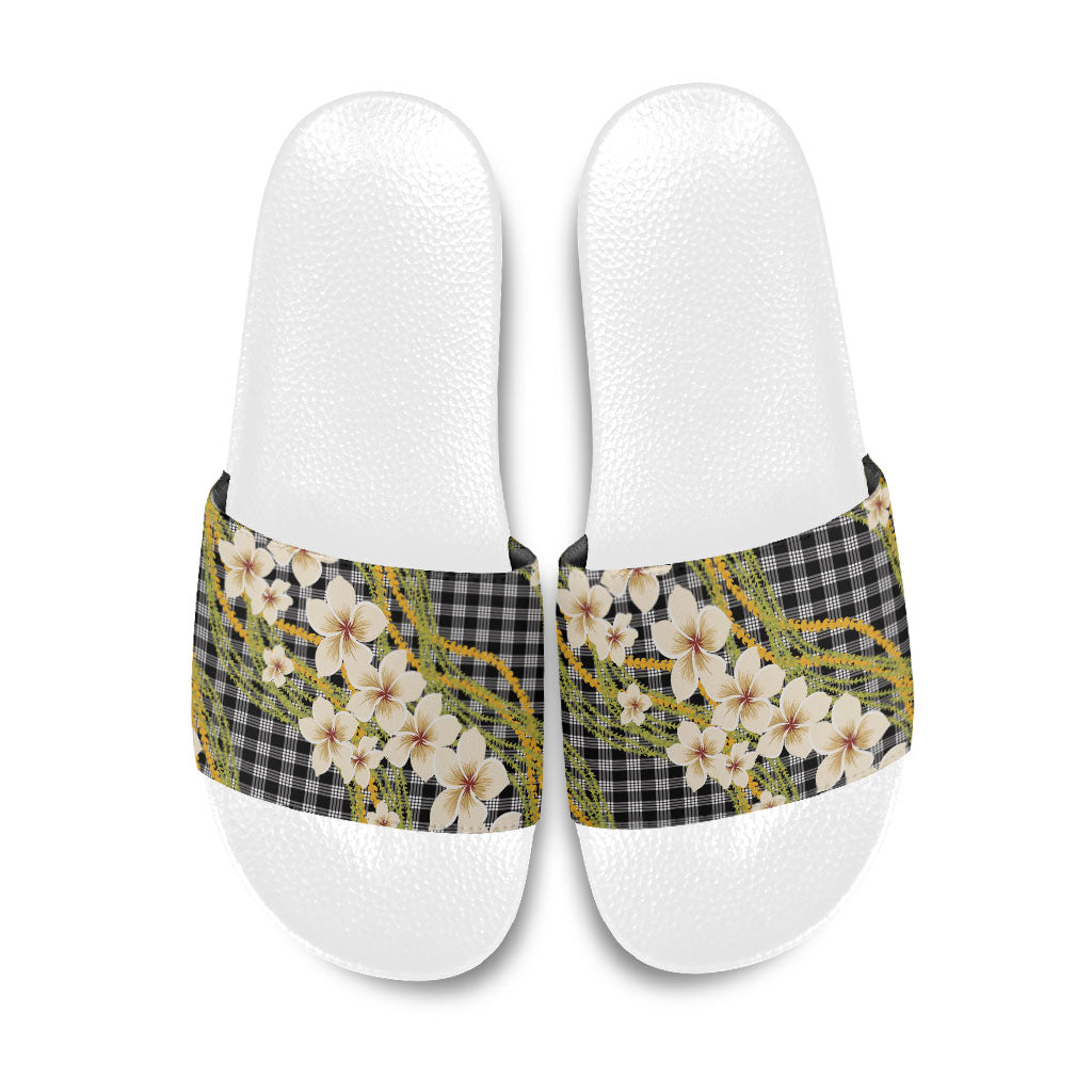 Ele'ele Hawai'i Palaka Plumeria Slide Sandals Puakenikeni and Maile Lei