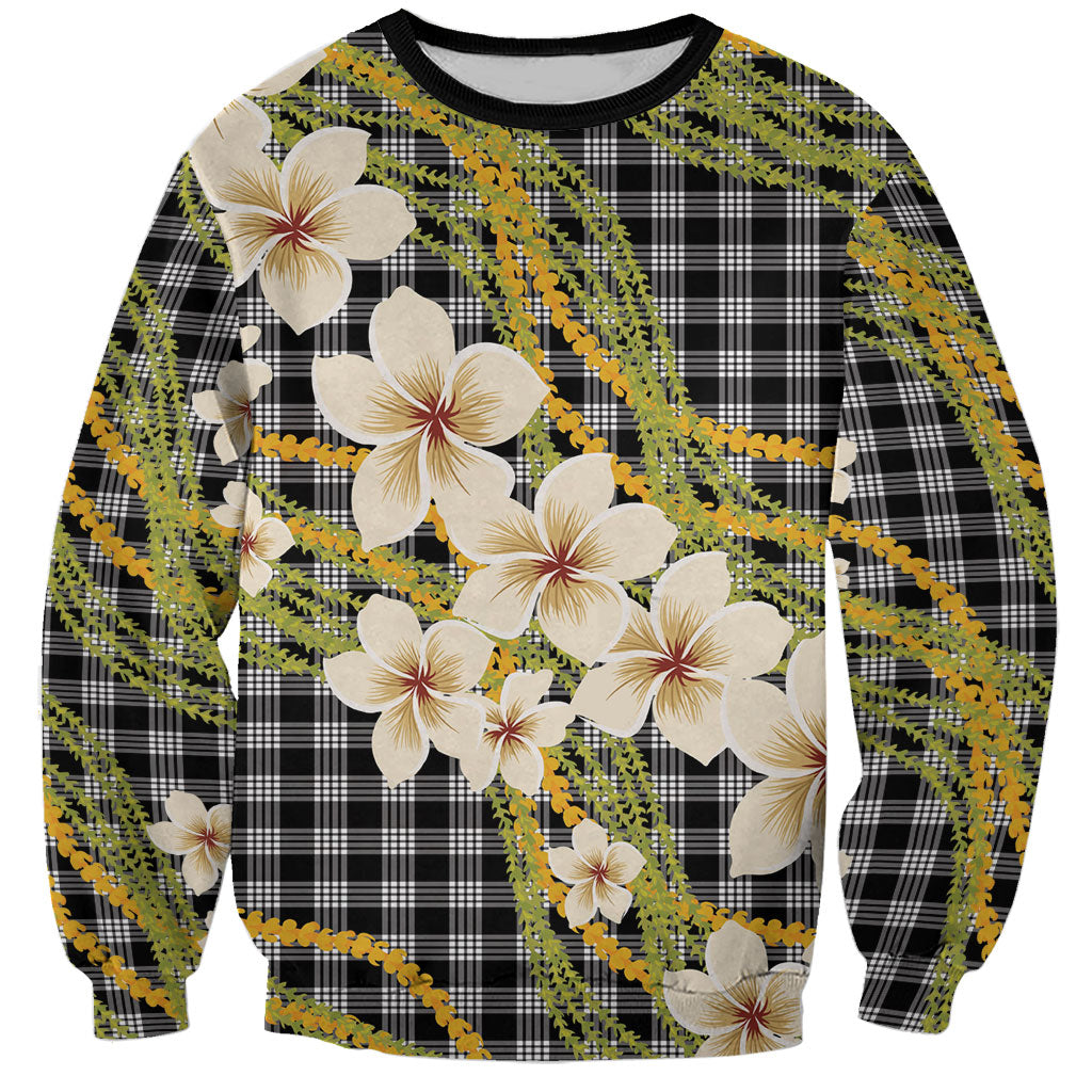 Ele'ele Hawai'i Palaka Plumeria Sweatshirt Puakenikeni and Maile Lei LT9 Unisex Black - Polynesian Pride