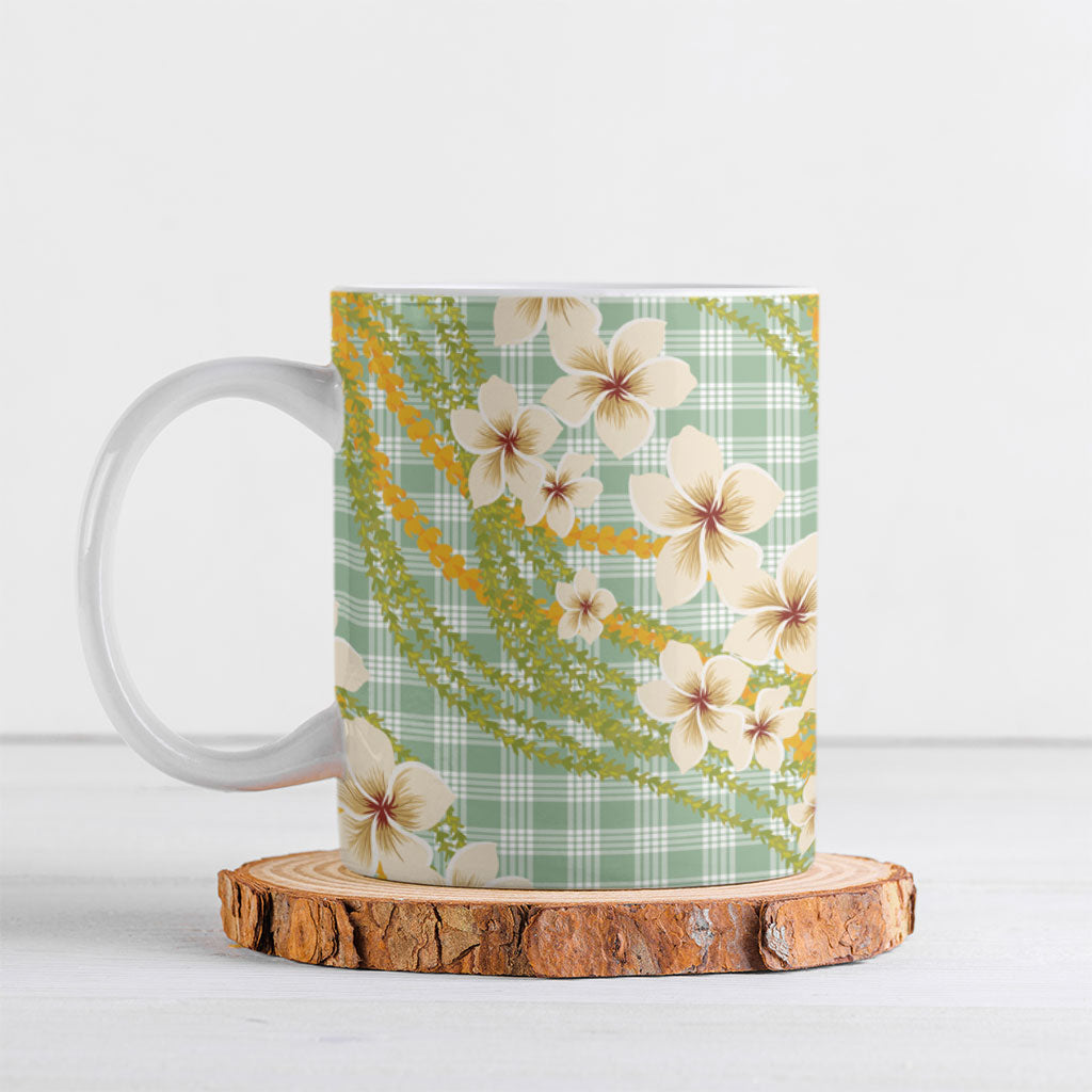 Liko Kukui Hawai'i Palaka Plumeria Ceramic Mug Puakenikeni and Maile Lei LT9 Sage Green - Polynesian Pride