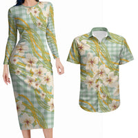 Liko Kukui Hawai'i Palaka Plumeria Couples Matching Long Sleeve Bodycon Dress and Hawaiian Shirt Puakenikeni and Maile Lei LT9 Sage Green - Polynesian Pride