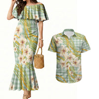 Liko Kukui Hawai'i Palaka Plumeria Couples Matching Mermaid Dress and Hawaiian Shirt Puakenikeni and Maile Lei LT9 Sage Green - Polynesian Pride