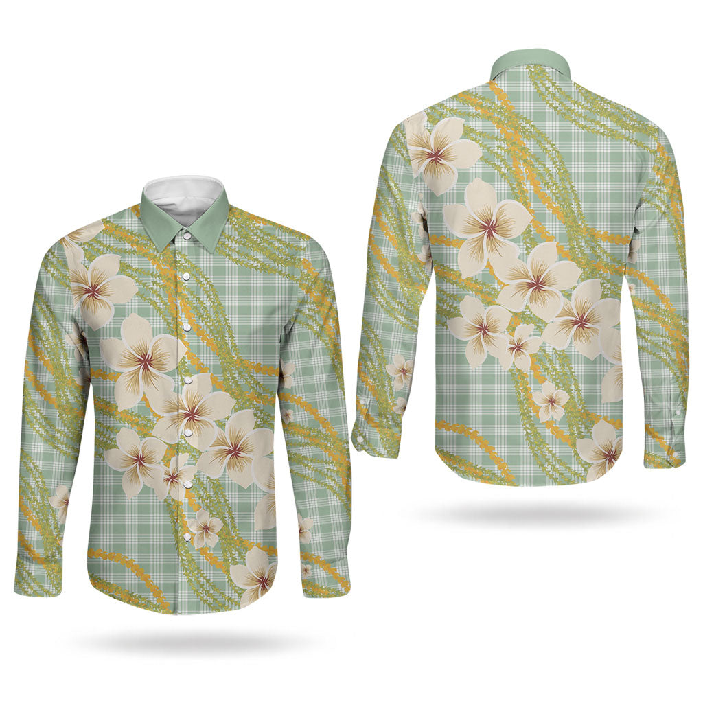 Liko Kukui Hawai'i Palaka Plumeria Couples Matching Mermaid Dress and Long Sleeve Button Shirt Puakenikeni and Maile Lei LT9 - Polynesian Pride