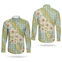 Liko Kukui Hawai'i Palaka Plumeria Couples Matching Mermaid Dress and Long Sleeve Button Shirt Puakenikeni and Maile Lei LT9 - Polynesian Pride