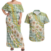 Liko Kukui Hawai'i Palaka Plumeria Couples Matching Off Shoulder Maxi Dress and Hawaiian Shirt Puakenikeni and Maile Lei LT9 Sage Green - Polynesian Pride