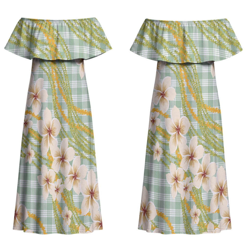 Liko Kukui Hawai'i Palaka Plumeria Couples Matching Off Shoulder Maxi Dress and Hawaiian Shirt Puakenikeni and Maile Lei LT9 - Polynesian Pride