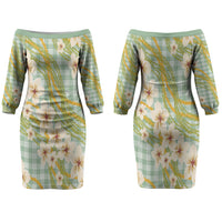 Liko Kukui Hawai'i Palaka Plumeria Couples Matching Off The Shoulder Long Sleeve Dress and Hawaiian Shirt Puakenikeni and Maile Lei LT9 - Polynesian Pride