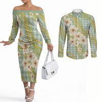 Liko Kukui Hawai'i Palaka Plumeria Couples Matching Off The Shoulder Long Sleeve Dress and Long Sleeve Button Shirt Puakenikeni and Maile Lei LT9 Sage Green - Polynesian Pride