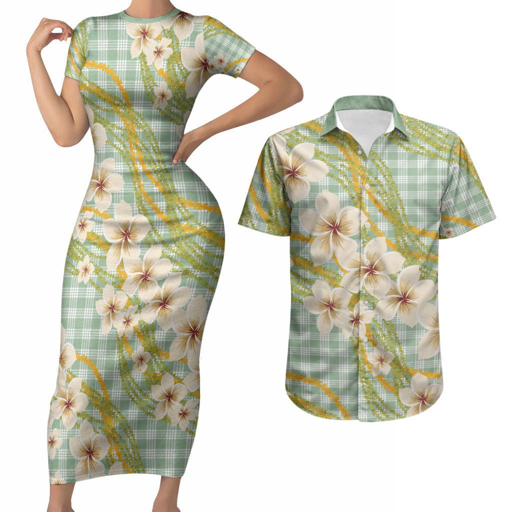Liko Kukui Hawai'i Palaka Plumeria Couples Matching Short Sleeve Bodycon Dress and Hawaiian Shirt Puakenikeni and Maile Lei LT9 Sage Green - Polynesian Pride