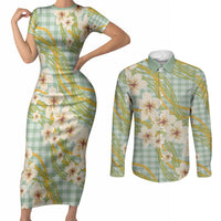 Liko Kukui Hawai'i Palaka Plumeria Couples Matching Short Sleeve Bodycon Dress and Long Sleeve Button Shirt Puakenikeni and Maile Lei LT9 Sage Green - Polynesian Pride