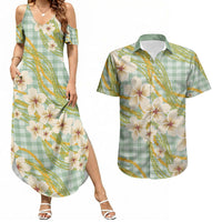 Liko Kukui Hawai'i Palaka Plumeria Couples Matching Summer Maxi Dress and Hawaiian Shirt Puakenikeni and Maile Lei LT9 Sage Green - Polynesian Pride