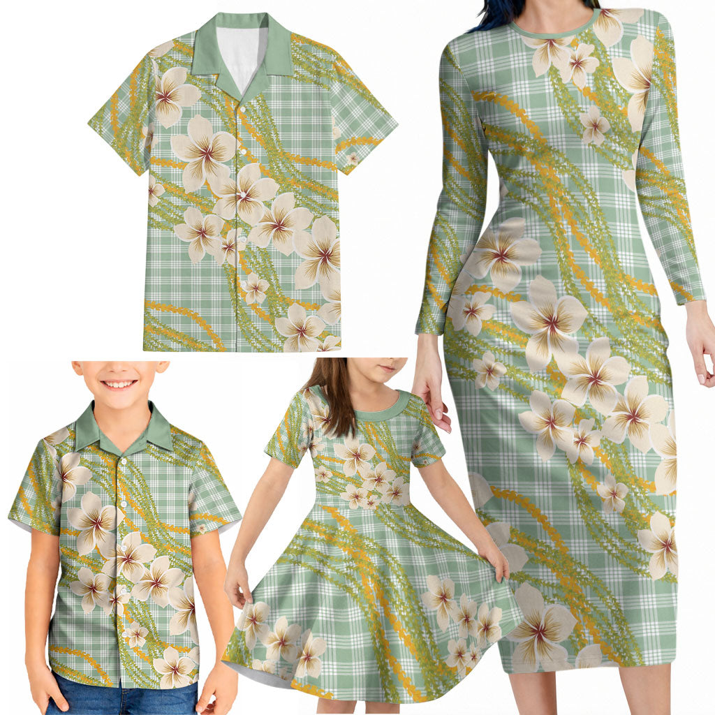 Liko Kukui Hawai'i Palaka Plumeria Family Matching Long Sleeve Bodycon Dress and Hawaiian Shirt Puakenikeni and Maile Lei LT9 - Polynesian Pride
