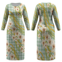 Liko Kukui Hawai'i Palaka Plumeria Family Matching Long Sleeve Bodycon Dress and Hawaiian Shirt Puakenikeni and Maile Lei LT9 Mom's Dress Sage Green - Polynesian Pride