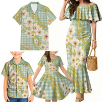 Liko Kukui Hawai'i Palaka Plumeria Family Matching Mermaid Dress and Hawaiian Shirt Puakenikeni and Maile Lei LT9 - Polynesian Pride