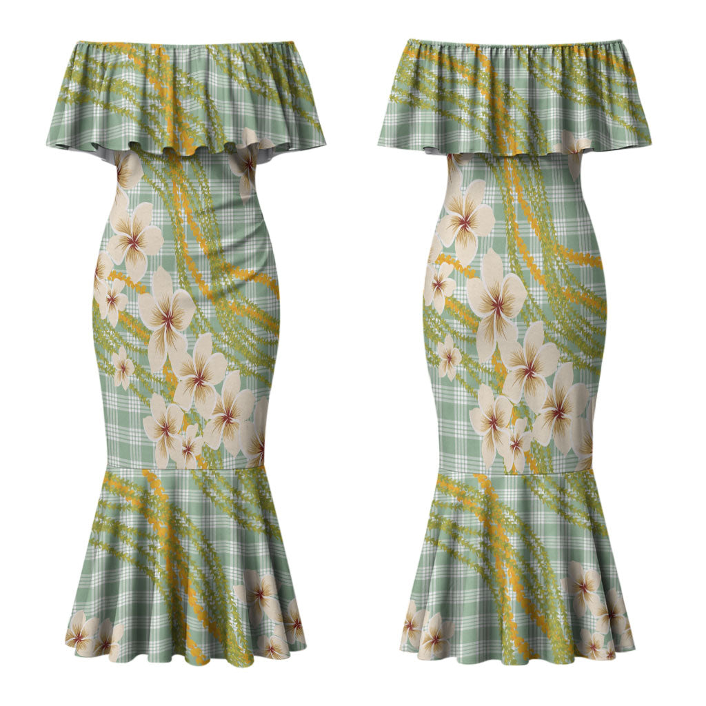 Liko Kukui Hawai'i Palaka Plumeria Family Matching Mermaid Dress and Hawaiian Shirt Puakenikeni and Maile Lei LT9 Mom's Dress Sage Green - Polynesian Pride