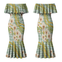 Liko Kukui Hawai'i Palaka Plumeria Family Matching Mermaid Dress and Hawaiian Shirt Puakenikeni and Maile Lei LT9 Mom's Dress Sage Green - Polynesian Pride