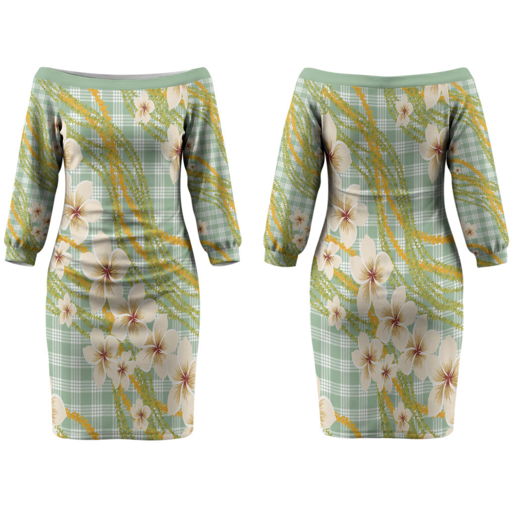 Liko Kukui Hawai'i Palaka Plumeria Family Matching Off The Shoulder Long Sleeve Dress and Hawaiian Shirt Puakenikeni and Maile Lei LT9 Mom's Dress Sage Green - Polynesian Pride