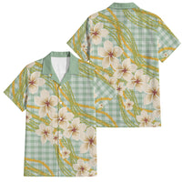 Liko Kukui Hawai'i Palaka Plumeria Family Matching Off The Shoulder Long Sleeve Dress and Hawaiian Shirt Puakenikeni and Maile Lei LT9 Dad's Shirt - Short Sleeve Sage Green - Polynesian Pride