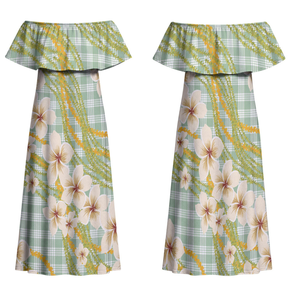Liko Kukui Hawai'i Palaka Plumeria Family Matching Off Shoulder Maxi Dress and Hawaiian Shirt Puakenikeni and Maile Lei LT9 Mom's Dress Sage Green - Polynesian Pride
