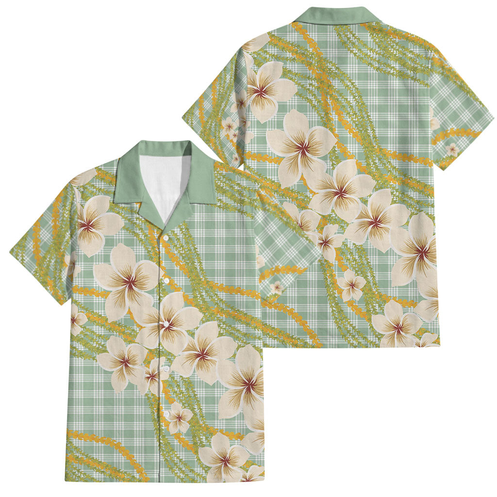Liko Kukui Hawai'i Palaka Plumeria Family Matching Off Shoulder Short Dress and Hawaiian Shirt Puakenikeni and Maile Lei