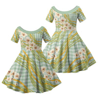 Liko Kukui Hawai'i Palaka Plumeria Family Matching Off Shoulder Short Dress and Hawaiian Shirt Puakenikeni and Maile Lei