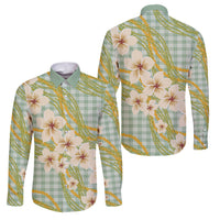 Liko Kukui Hawai'i Palaka Plumeria Family Matching Puletasi and Hawaiian Shirt Puakenikeni and Maile Lei LT9 Dad's Shirt - Long Sleeve Sage Green - Polynesian Pride