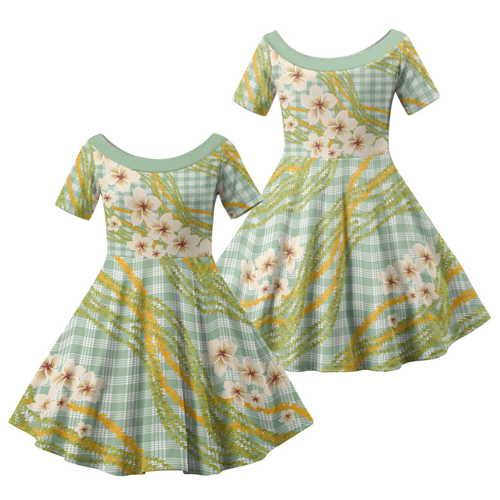 Liko Kukui Hawai'i Palaka Plumeria Family Matching Puletasi and Hawaiian Shirt Puakenikeni and Maile Lei LT9 Daughter's Dress Sage Green - Polynesian Pride