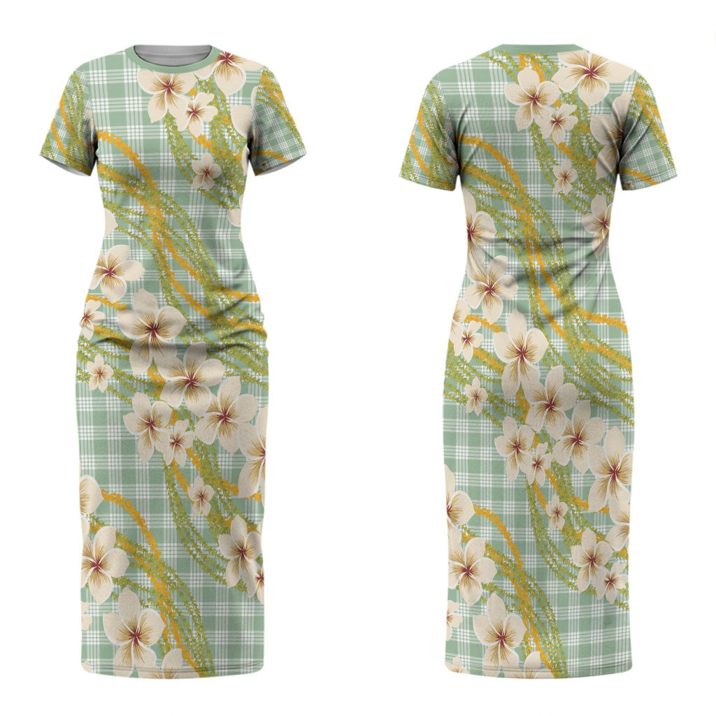Liko Kukui Hawai'i Palaka Plumeria Family Matching Short Sleeve Bodycon Dress and Hawaiian Shirt Puakenikeni and Maile Lei LT9 Mom's Dress Sage Green - Polynesian Pride