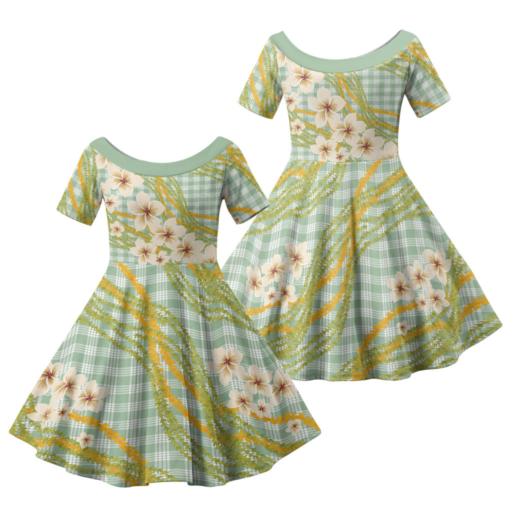 Liko Kukui Hawai'i Palaka Plumeria Family Matching Short Sleeve Bodycon Dress and Hawaiian Shirt Puakenikeni and Maile Lei LT9 Daughter's Dress Sage Green - Polynesian Pride