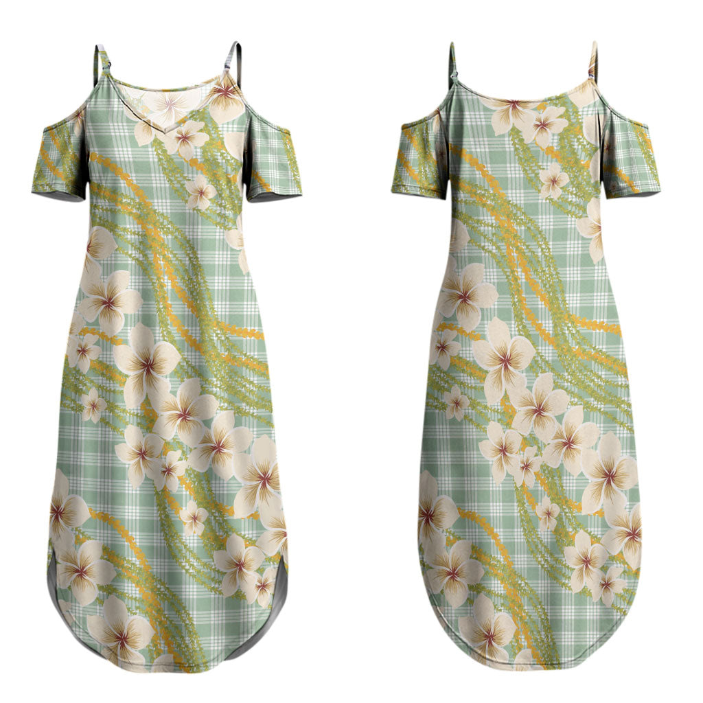 Liko Kukui Hawai'i Palaka Plumeria Family Matching Summer Maxi Dress and Hawaiian Shirt Puakenikeni and Maile Lei LT9 Mom's Dress Sage Green - Polynesian Pride