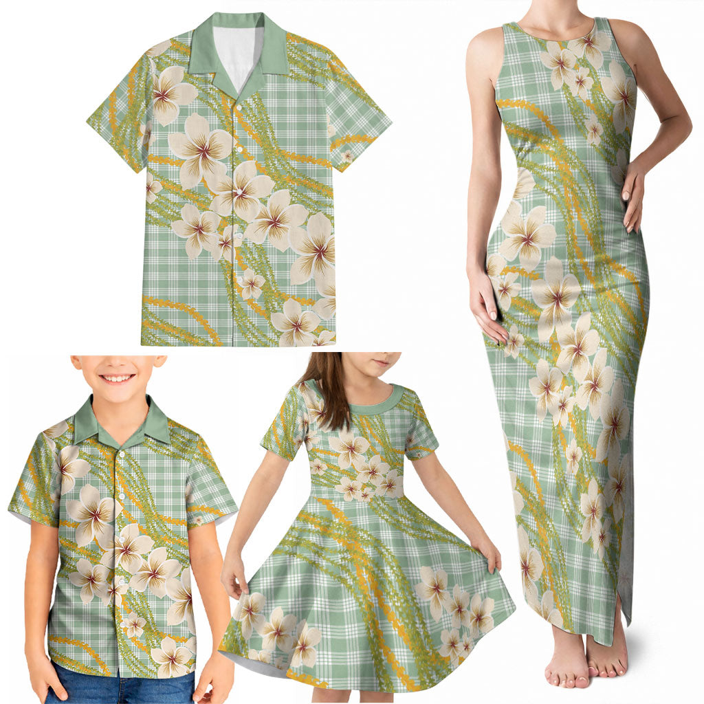 Liko Kukui Hawai'i Palaka Plumeria Family Matching Tank Maxi Dress and Hawaiian Shirt Puakenikeni and Maile Lei LT9 - Polynesian Pride