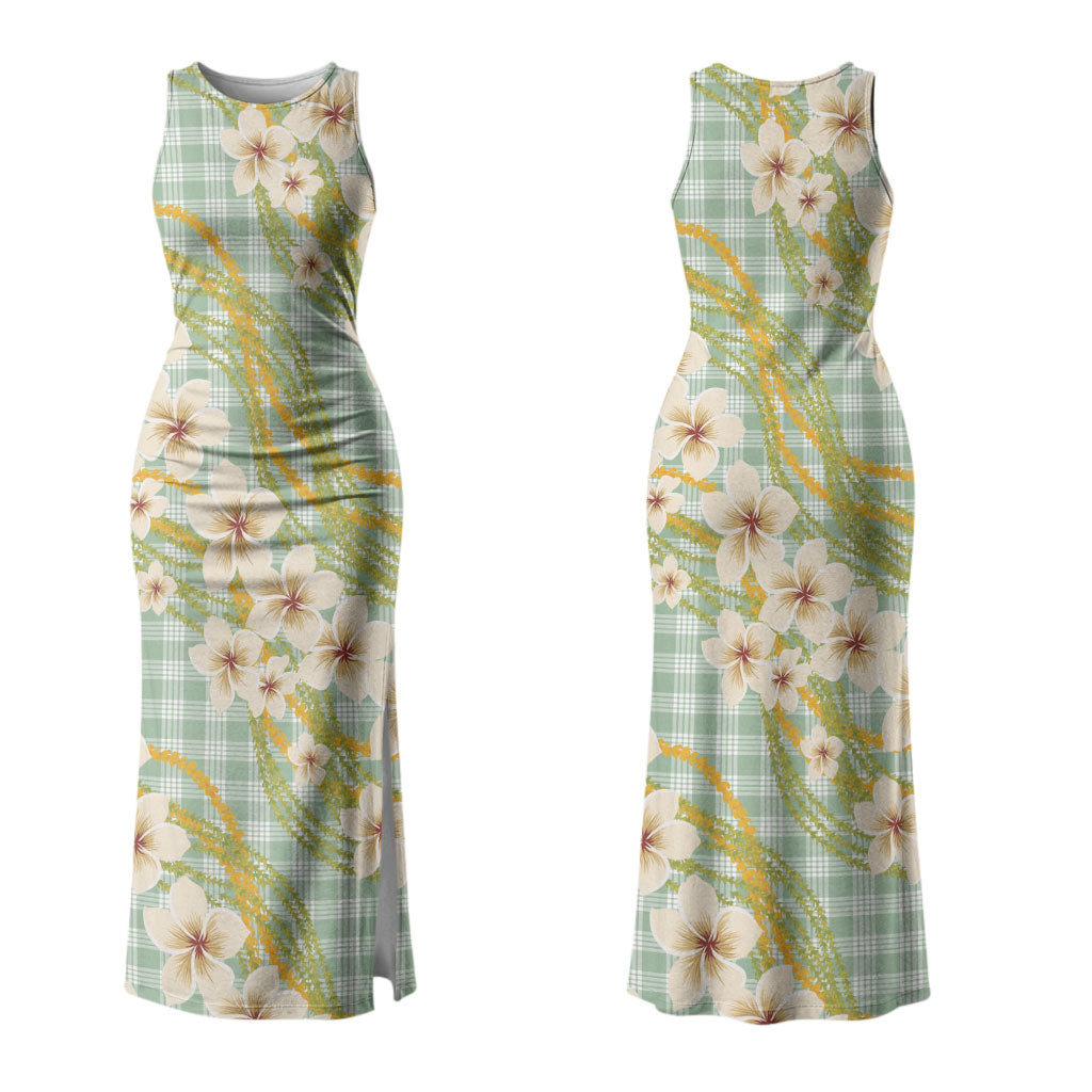 Liko Kukui Hawai'i Palaka Plumeria Family Matching Tank Maxi Dress and Hawaiian Shirt Puakenikeni and Maile Lei LT9 Mom's Dress Sage Green - Polynesian Pride