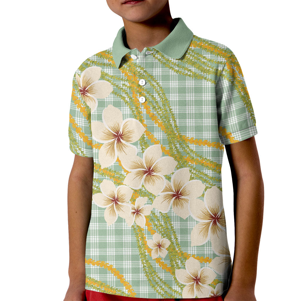 Liko Kukui Hawai'i Palaka Plumeria Kid Polo Shirt Puakenikeni and Maile Lei LT9 Kid Sage Green - Polynesian Pride