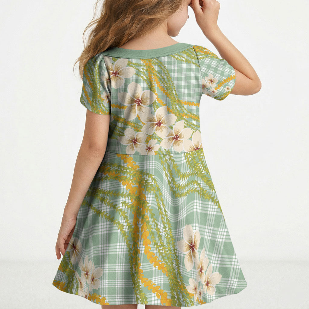 Liko Kukui Hawai'i Palaka Plumeria Kid Short Sleeve Dress Puakenikeni and Maile Lei LT9 - Polynesian Pride
