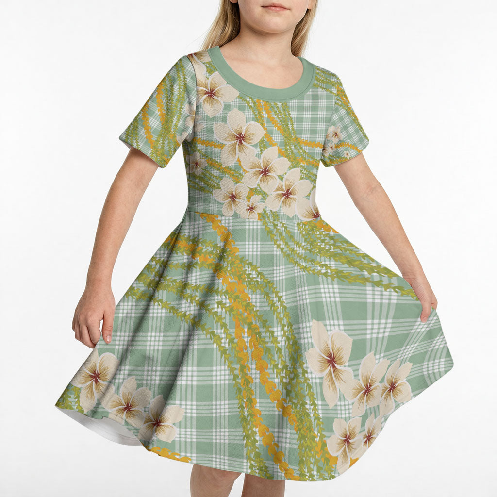 Liko Kukui Hawai'i Palaka Plumeria Kid Short Sleeve Dress Puakenikeni and Maile Lei LT9 - Polynesian Pride
