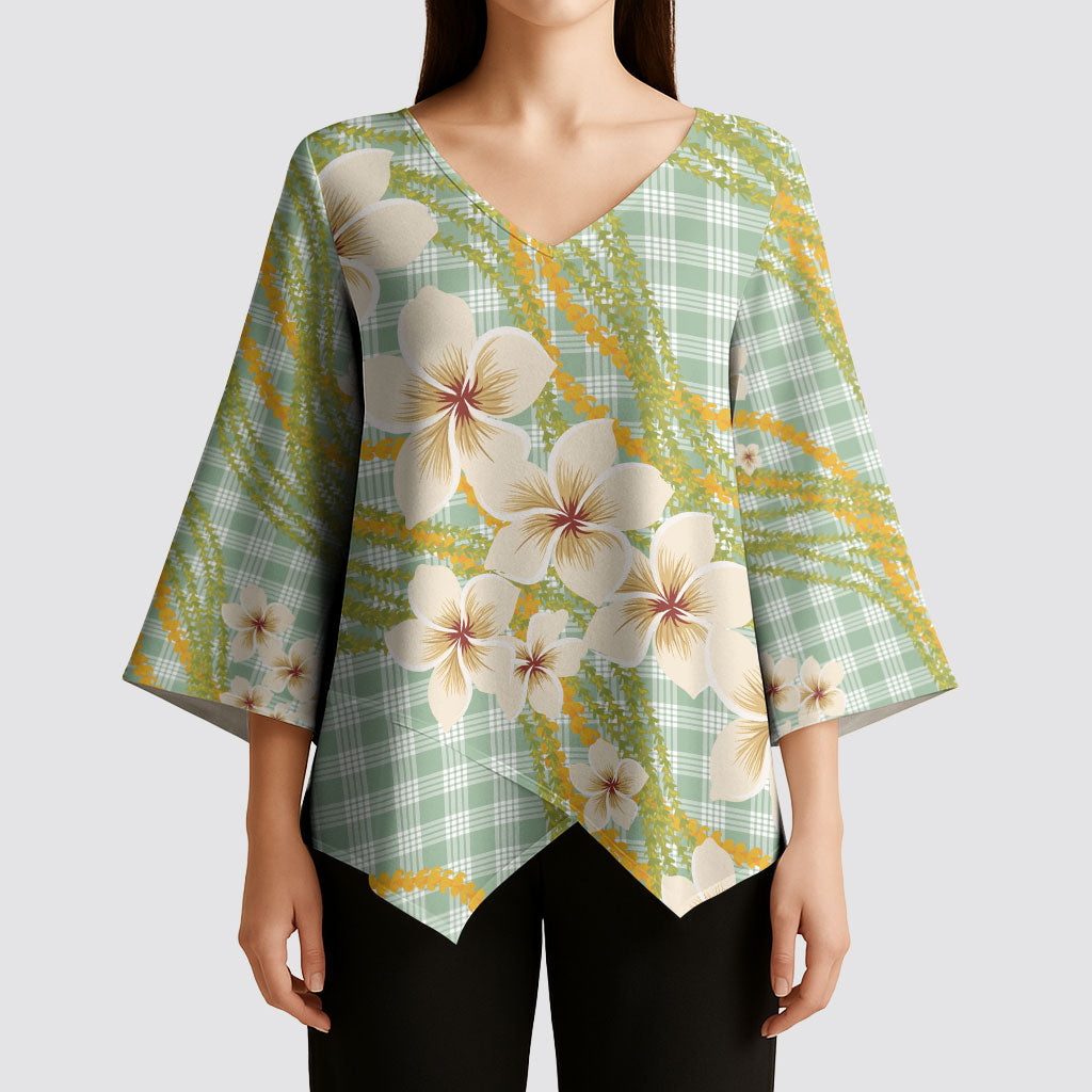 Liko Kukui Hawai'i Palaka Plumeria Kimono Sleeve Blouse Puakenikeni and Maile Lei