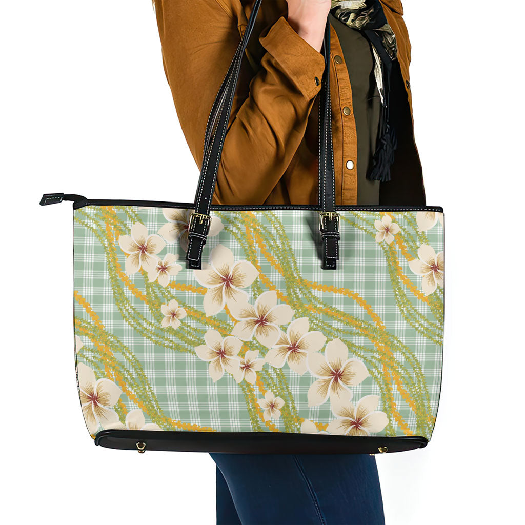 Liko Kukui Hawai'i Palaka Plumeria Leather Tote Bag Puakenikeni and Maile Lei