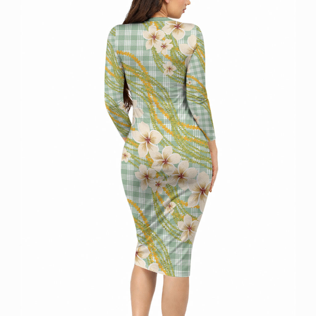 Liko Kukui Hawai'i Palaka Plumeria Long Sleeve Bodycon Dress Puakenikeni and Maile Lei LT9 - Polynesian Pride