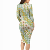 Liko Kukui Hawai'i Palaka Plumeria Long Sleeve Bodycon Dress Puakenikeni and Maile Lei LT9 - Polynesian Pride
