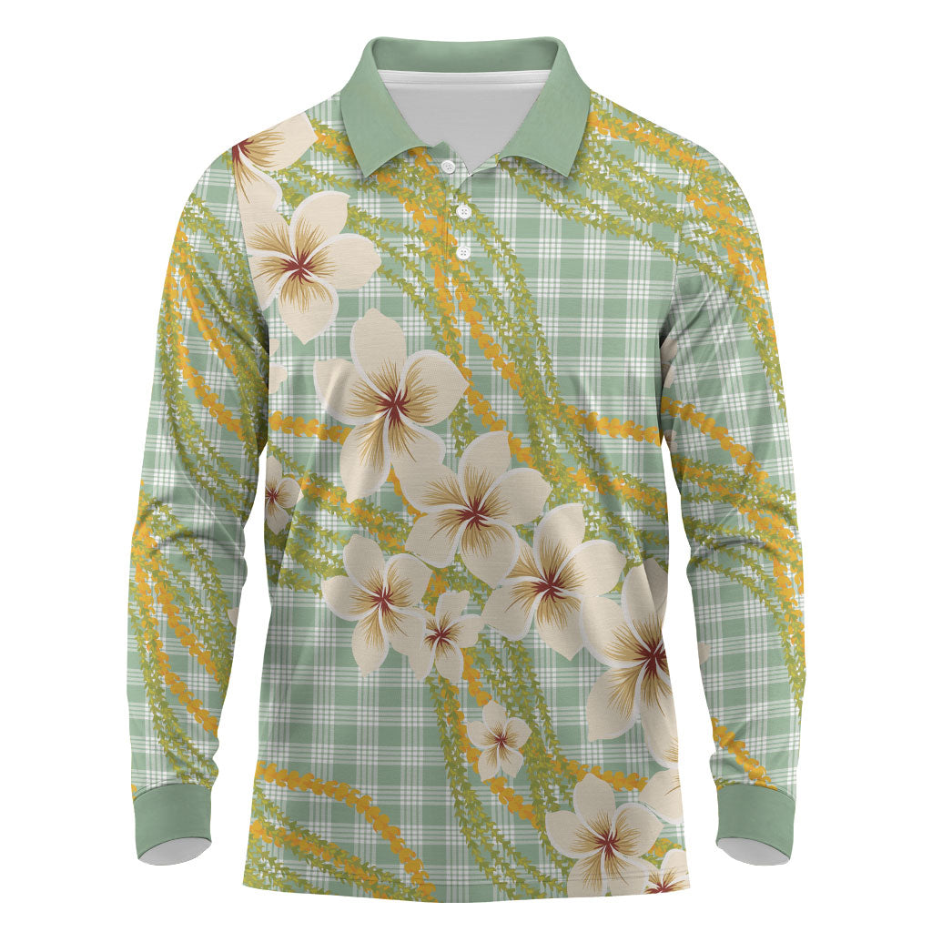 Liko Kukui Hawai'i Palaka Plumeria Long Sleeve Polo Shirt Puakenikeni and Maile Lei LT9 Sage Green - Polynesian Pride