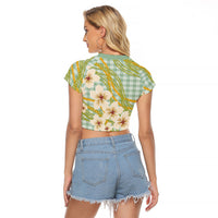 Liko Kukui Hawai'i Palaka Plumeria Raglan Cropped T Shirt Puakenikeni and Maile Lei
