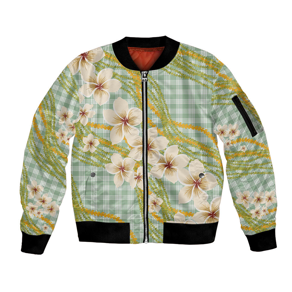 Liko Kukui Hawai'i Palaka Plumeria Sleeve Zip Bomber Jacket Puakenikeni and Maile Lei