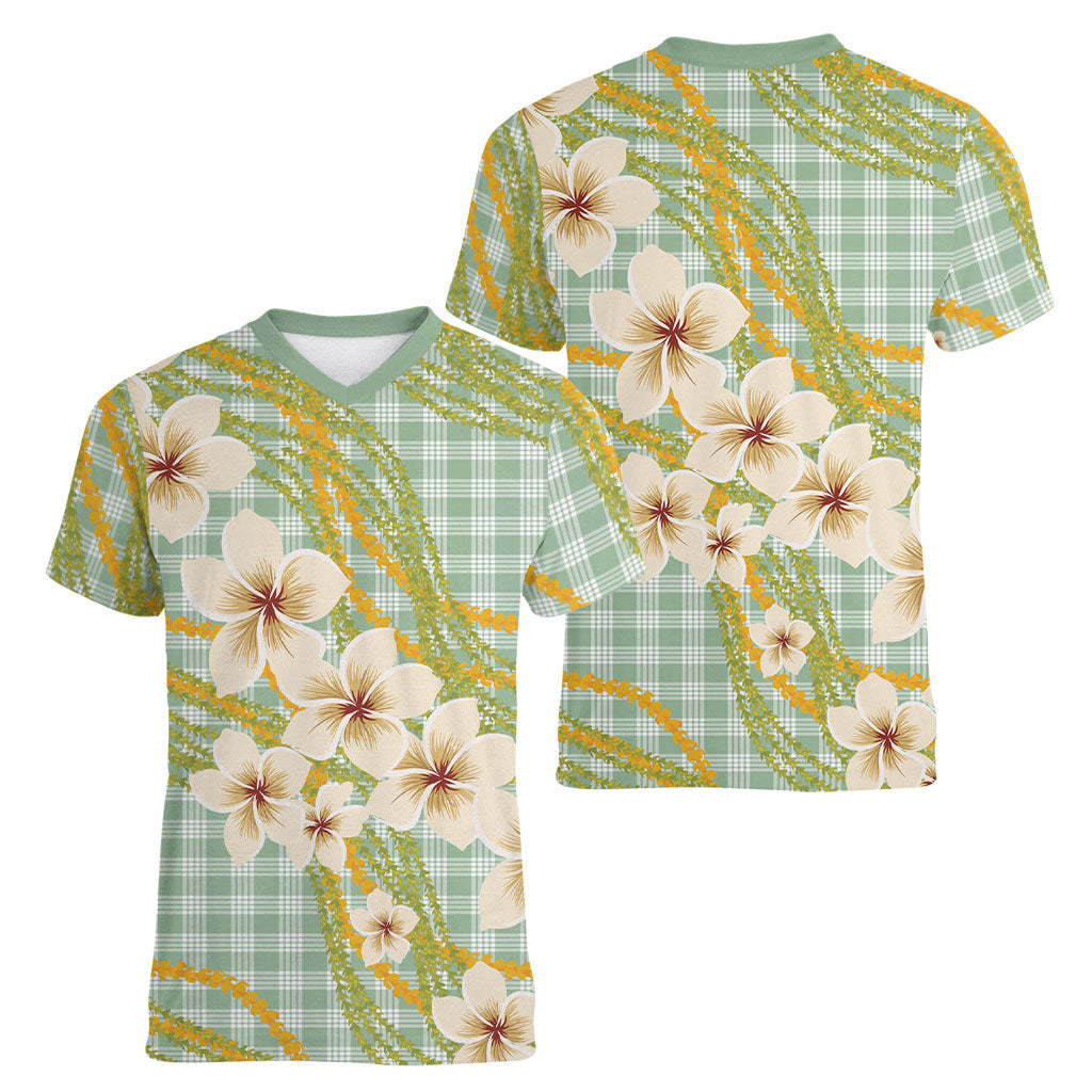 Liko Kukui Hawai'i Palaka Plumeria Women V-Neck T-Shirt Puakenikeni and Maile Lei LT9 - Polynesian Pride