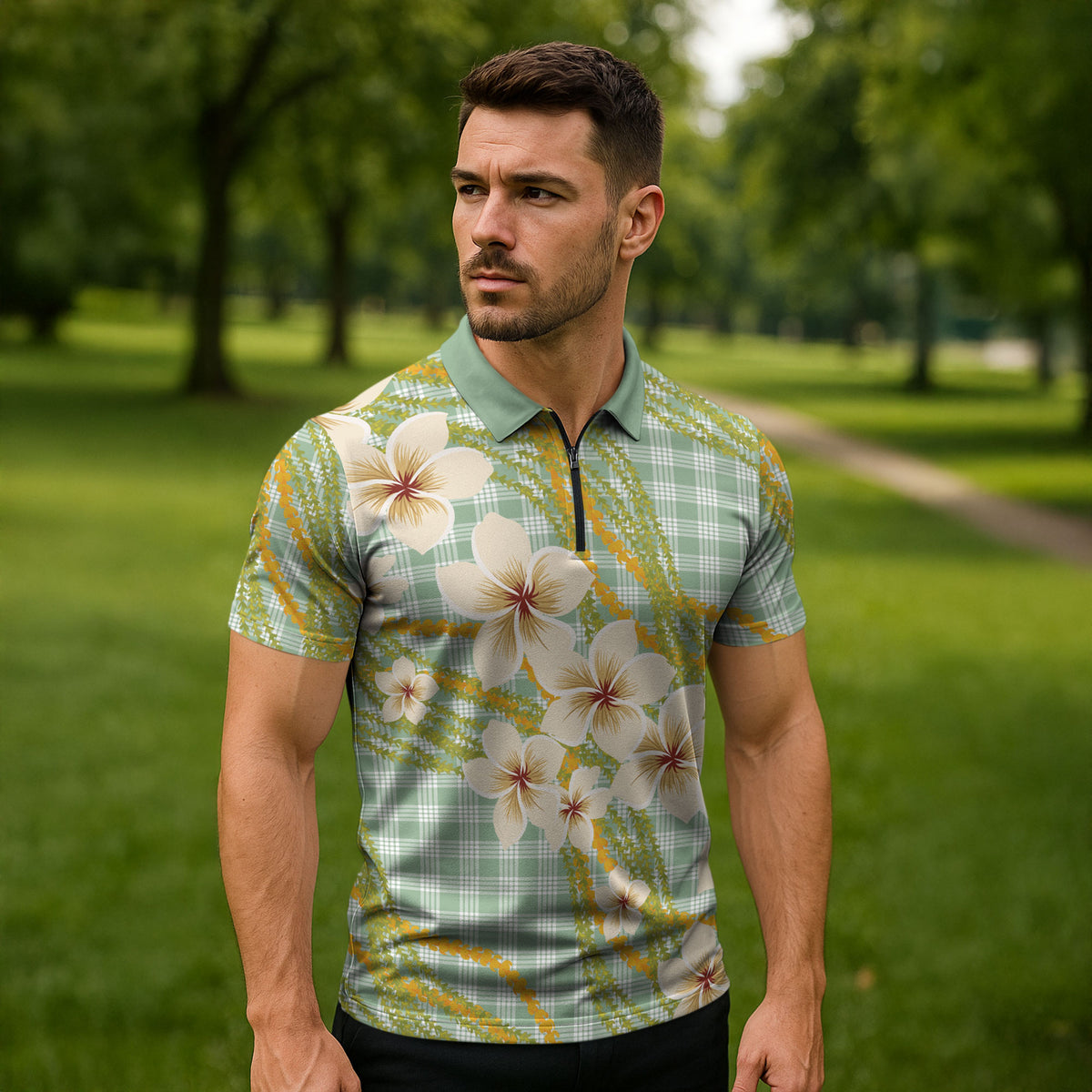 Liko Kukui Hawai'i Palaka Plumeria Zipper Polo Shirt Puakenikeni and Maile Lei LT9 - Polynesian Pride