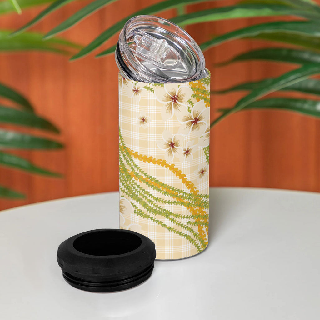 Melemele Ahiahia Hawai'i Palaka Plumeria 4 in 1 Can Cooler Tumbler Puakenikeni and Maile Lei LT9 - Polynesian Pride