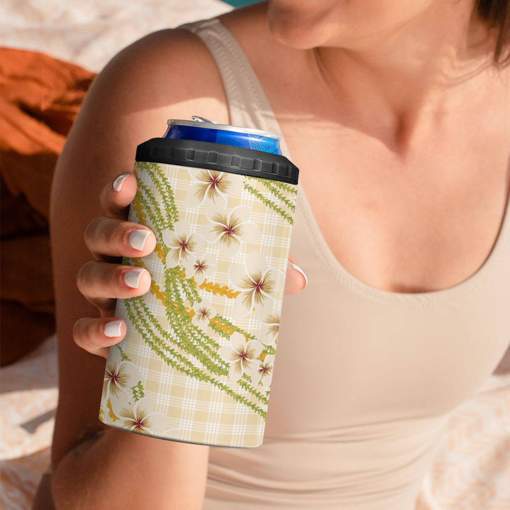 Melemele Ahiahia Hawai'i Palaka Plumeria 4 in 1 Can Cooler Tumbler Puakenikeni and Maile Lei LT9 - Polynesian Pride